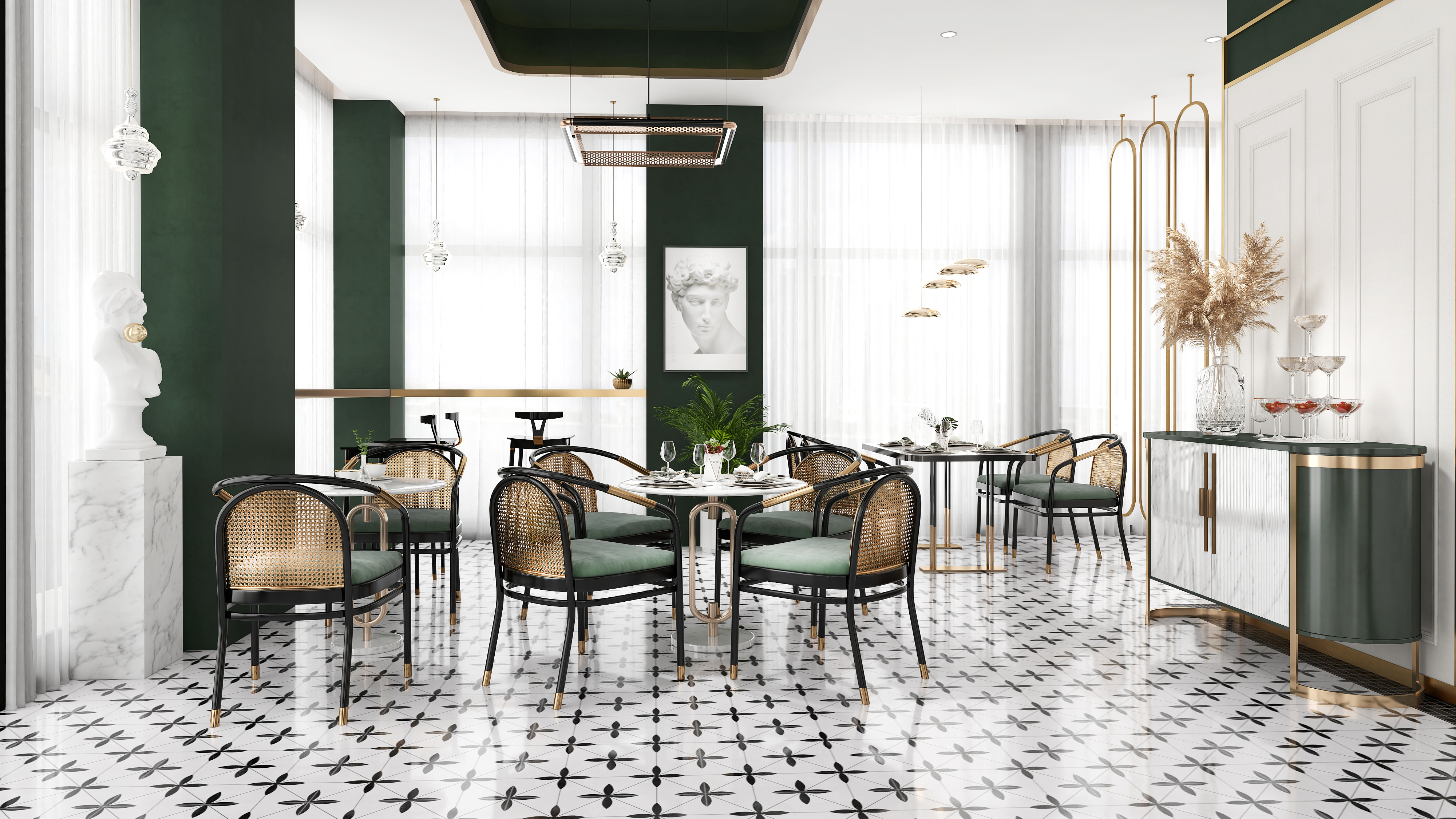 画面地砖大面积序列铺展,深色马赛克修边,和软装陈设一起形成"有形","